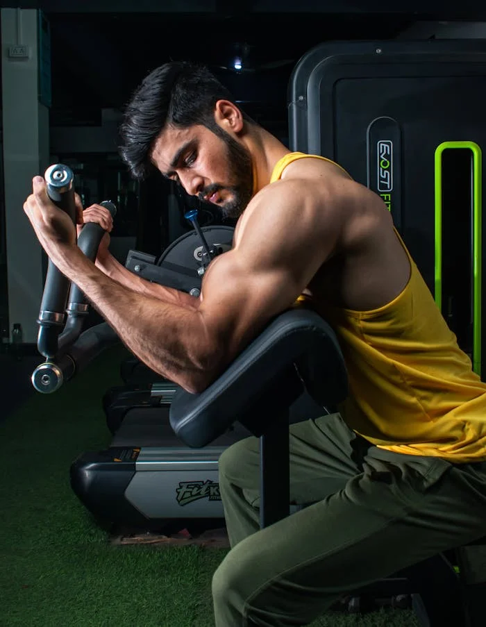 The Art of Drawing Readers In: Your attractive post title goes here Muscular man in a gym performing bicep curls on a machine, showcasing strength and dedication.